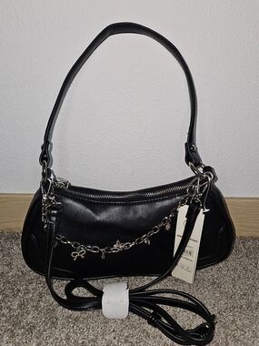 Black Women's Shoulder Bag with Charm Chain